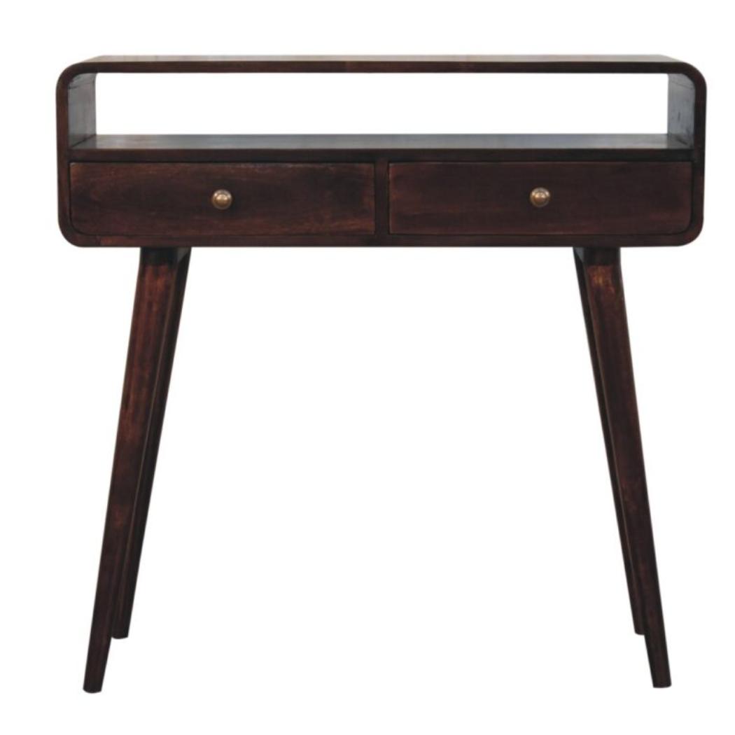 Arlo Curved Console Table | Solid Mango Wood | California Walnut Finish | 2 Drawer Hallway Console Table