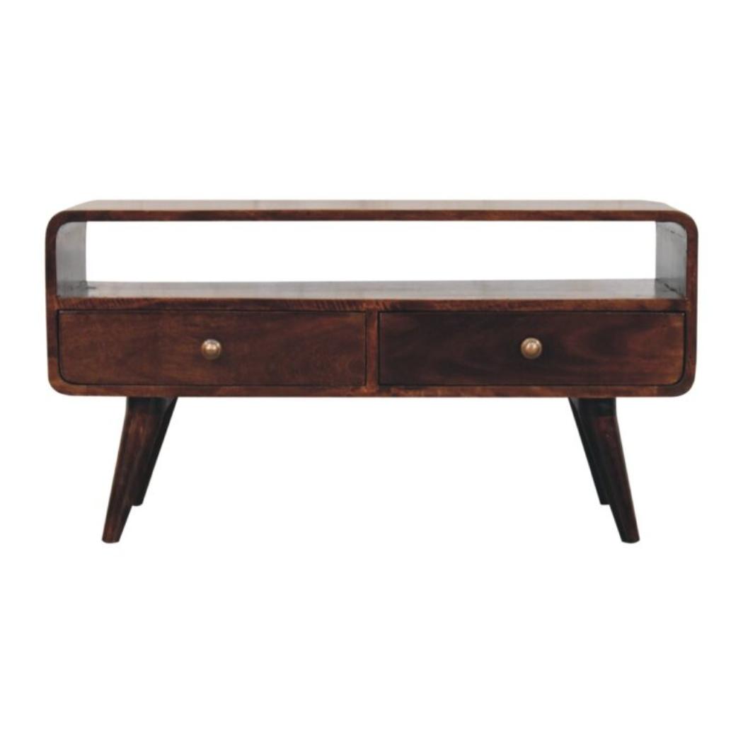 Arlo Curved Media Unit | Solid Mango Wood | California Walnut Finish | 2 Drawer TV Entertainment Unit