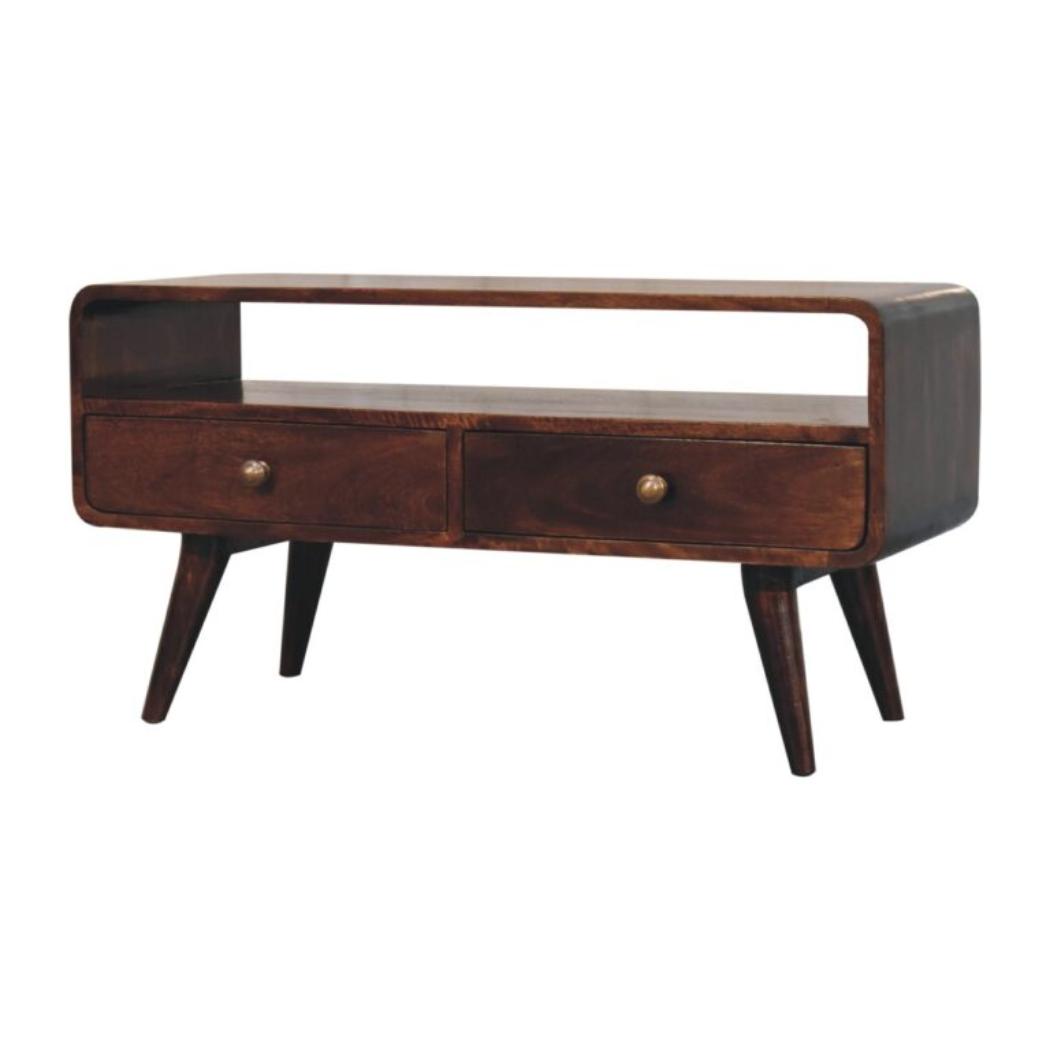 Arlo Curved Media Unit | Solid Mango Wood | California Walnut Finish | 2 Drawer TV Entertainment Unit