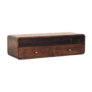 Arlo Floating Console Table | Solid Mango Wood | California Walnut Finish | 2 Drawers with Open Shelf