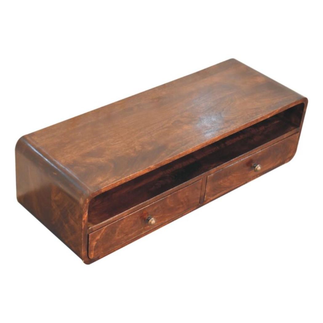 Arlo Floating Console Table | Solid Mango Wood | California Walnut Finish | 2 Drawers with Open Shelf