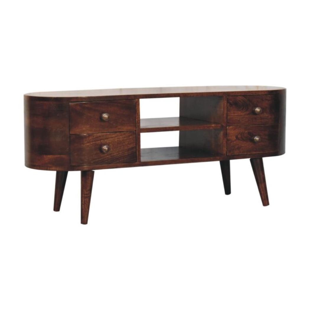 Arlo Rounded Entertainment Unit | Solid Mango Wood | California Walnut Finish | 4 Drawer TV Media Unit