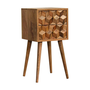 Asha Mini Bedside Table | Carved Mango Wood | Oak Finish | 2 Drawers