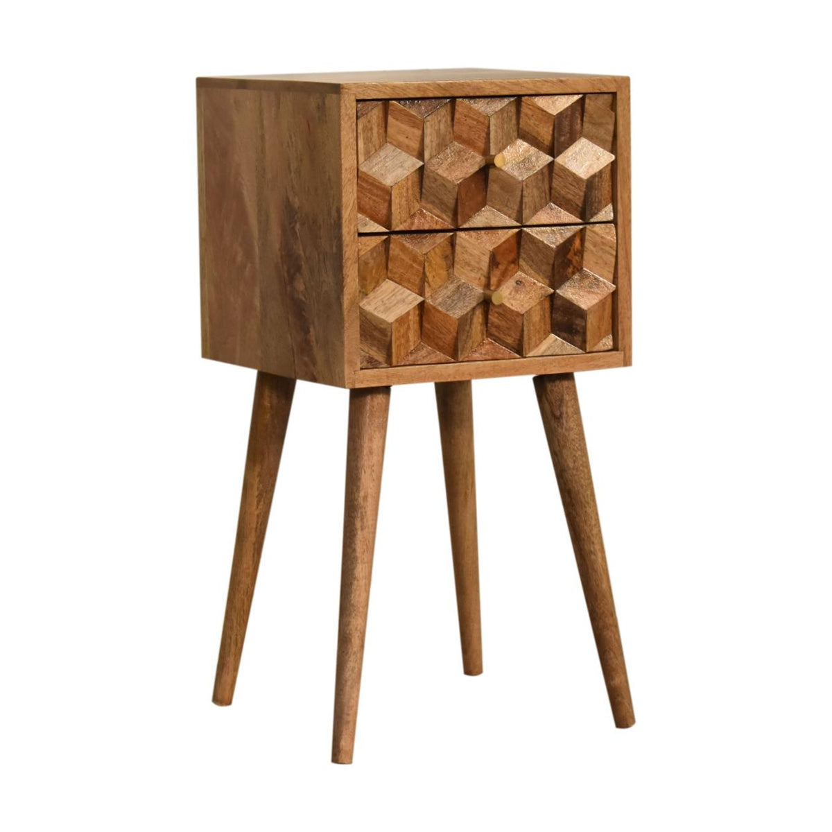 Asha Mini Bedside Table | Carved Mango Wood | Oak Finish | 2 Drawers