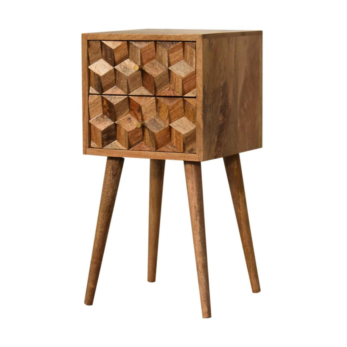Asha Mini Bedside Table | Carved Mango Wood | Oak Finish | 2 Drawers