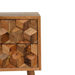 Asha Mini Bedside Table | Carved Mango Wood | Oak Finish | 2 Drawers