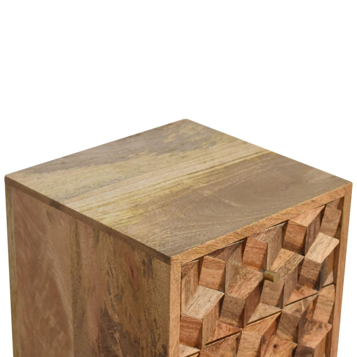 Asha Mini Bedside Table | Carved Mango Wood | Oak Finish | 2 Drawers