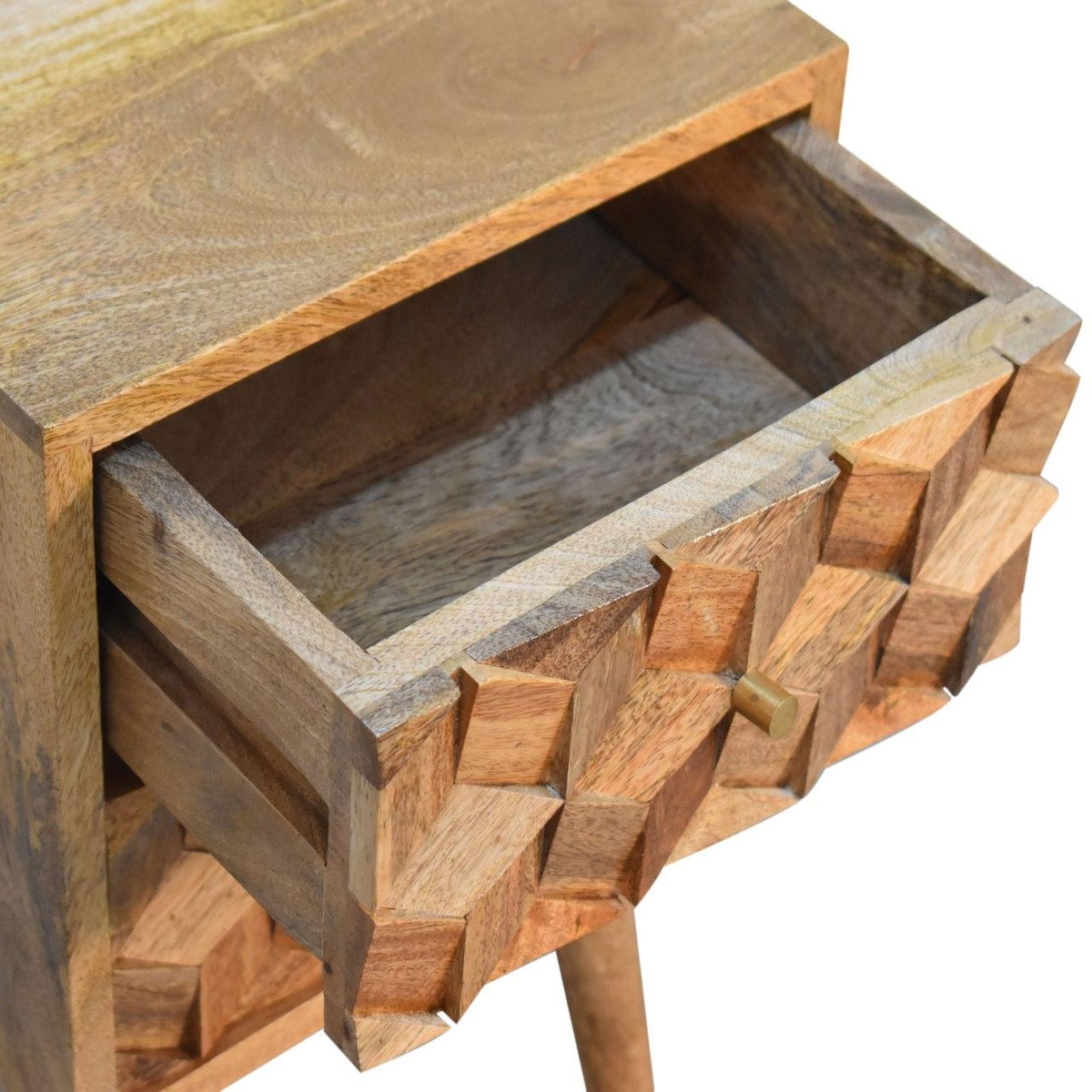 Asha Mini Bedside Table | Carved Mango Wood | Oak Finish | 2 Drawers