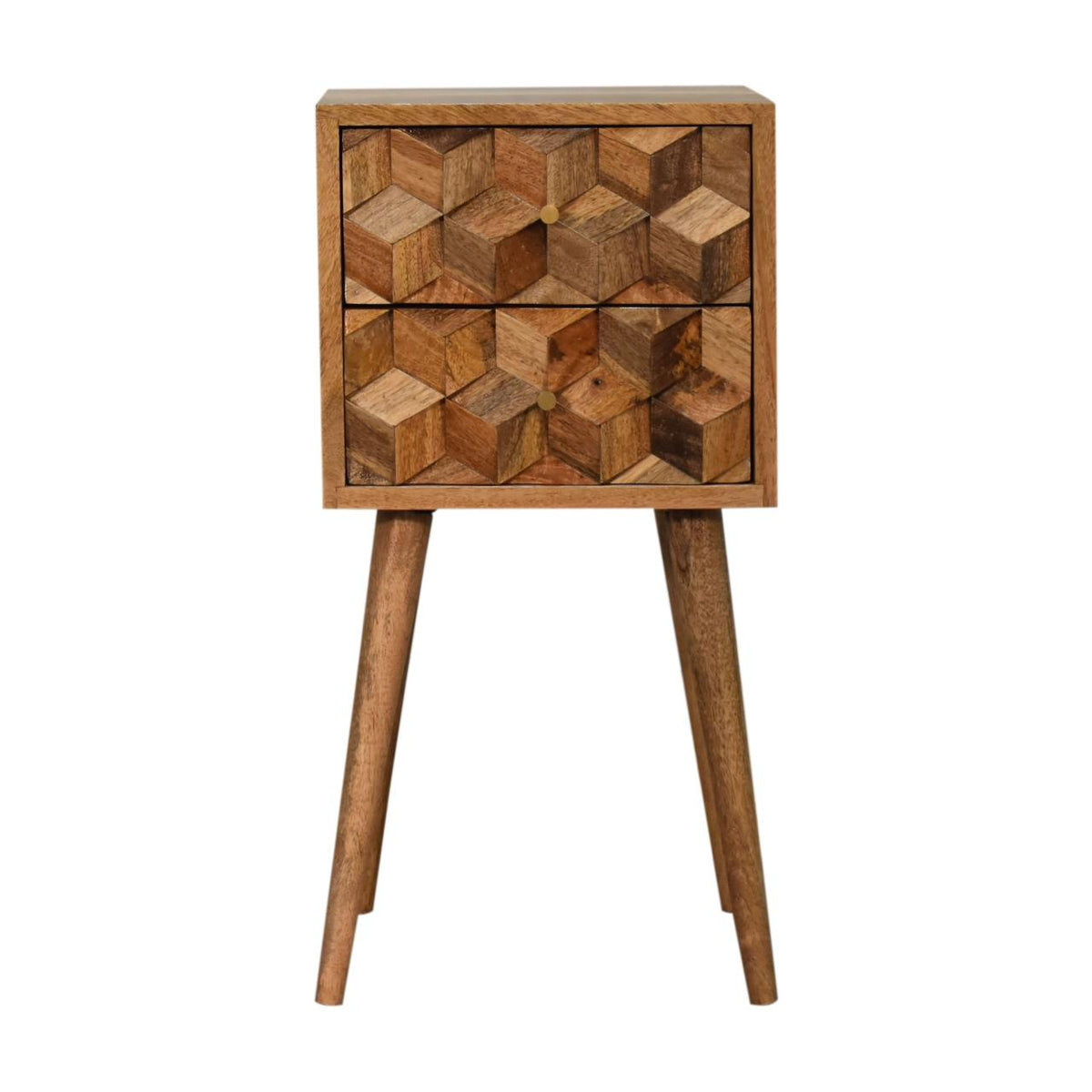 Asha Mini Bedside Table | Carved Mango Wood | Oak Finish | 2 Drawers