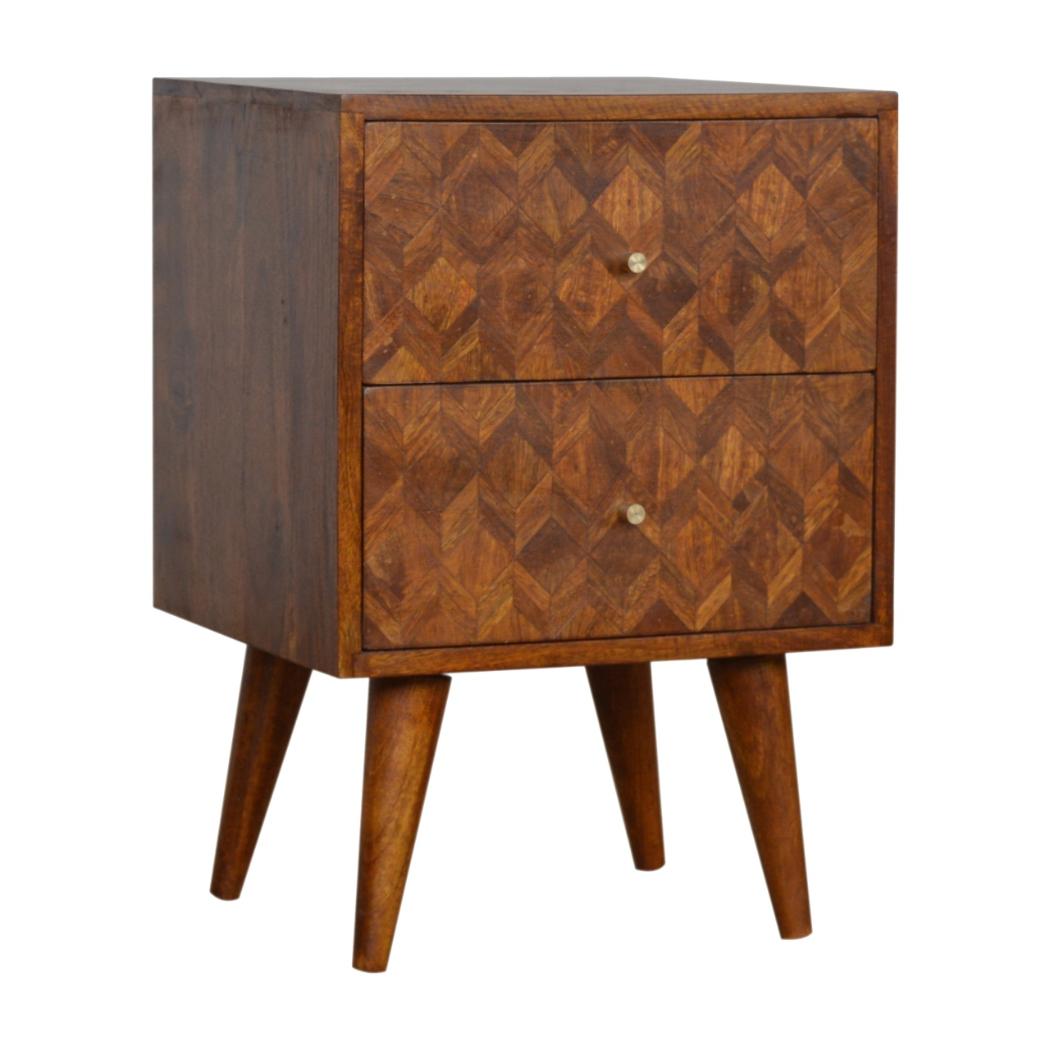 Assorted Pattern Bedside Table | Solid Mango Wood | Chestnut Finish | Compact Storage