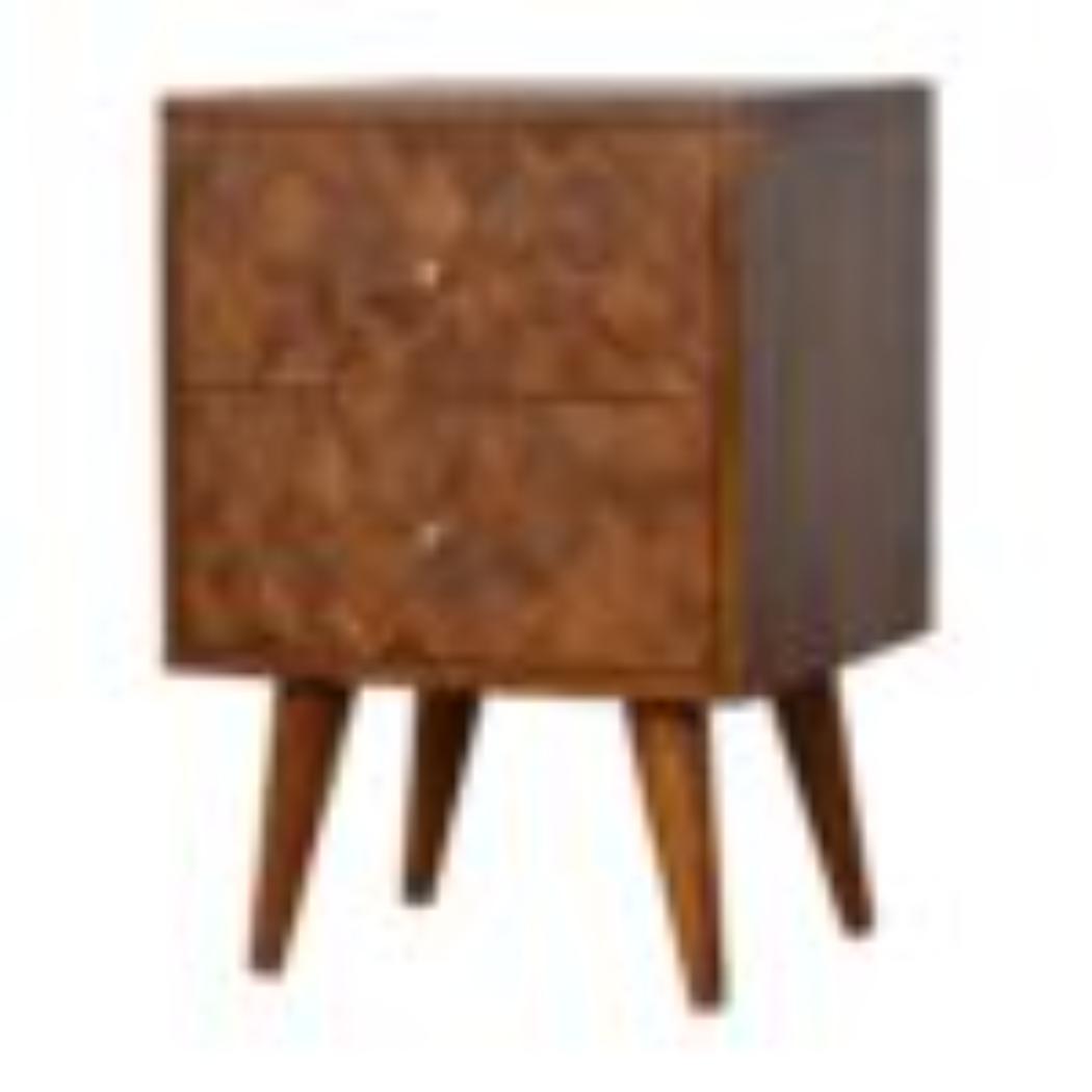 Assorted Pattern Bedside Table | Solid Mango Wood | Chestnut Finish | Compact Storage