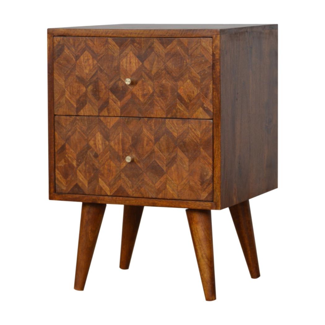 Assorted Pattern Bedside Table | Solid Mango Wood | Chestnut Finish | Compact Storage