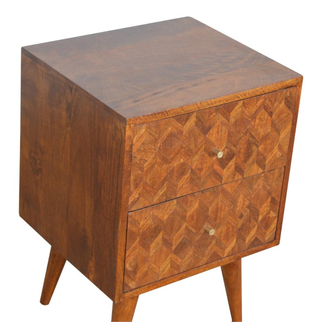 Assorted Pattern Bedside Table | Solid Mango Wood | Chestnut Finish | Compact Storage