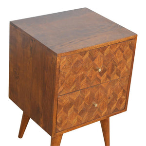 Assorted Pattern Bedside Table | Solid Mango Wood | Chestnut Finish | Compact Storage