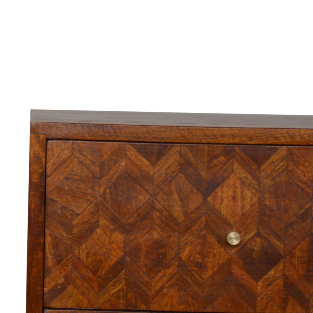 Assorted Pattern Bedside Table | Solid Mango Wood | Chestnut Finish | Compact Storage