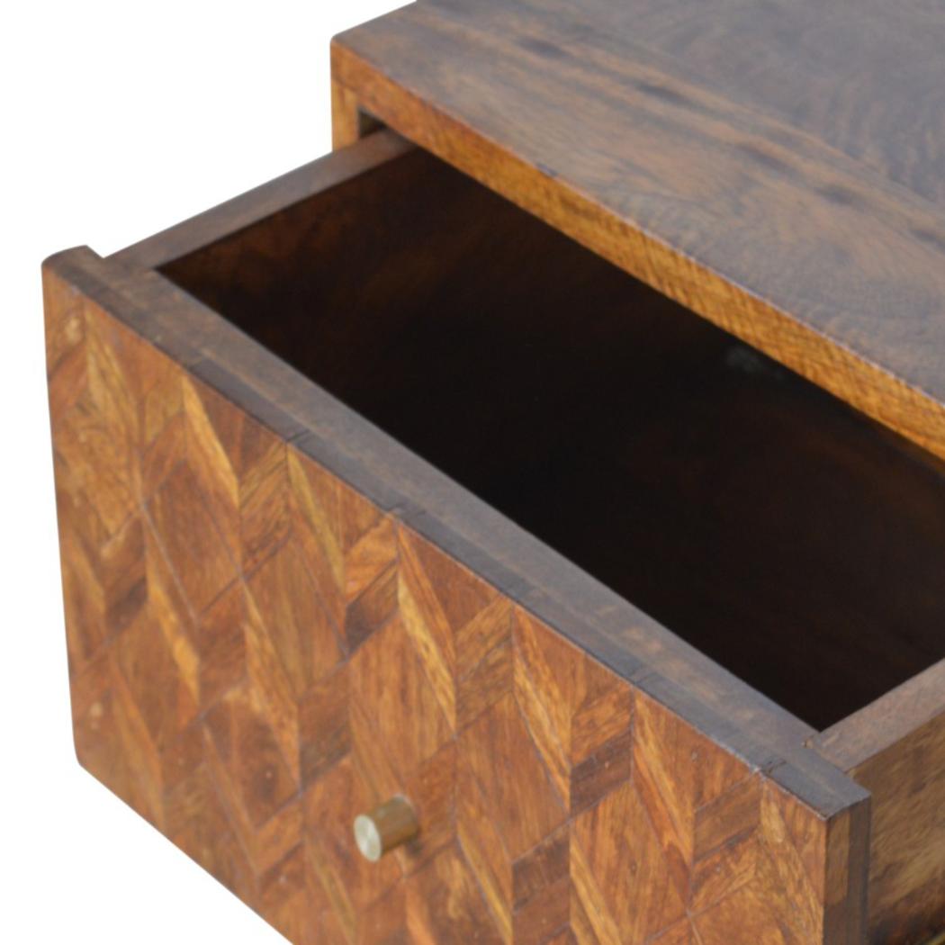 Assorted Pattern Bedside Table | Solid Mango Wood | Chestnut Finish | Compact Storage