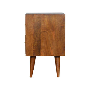 Assorted Pattern Bedside Table | Solid Mango Wood | Chestnut Finish | Compact Storage
