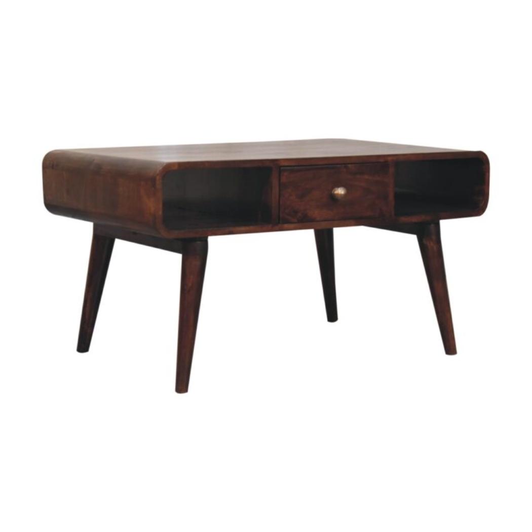 Aurelia Curved Coffee Table | Solid Mango Wood | California Walnut Finish | 2 Drawer Storage