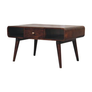 Aurelia Curved Coffee Table | Solid Mango Wood | California Walnut Finish | 2 Drawer Storage