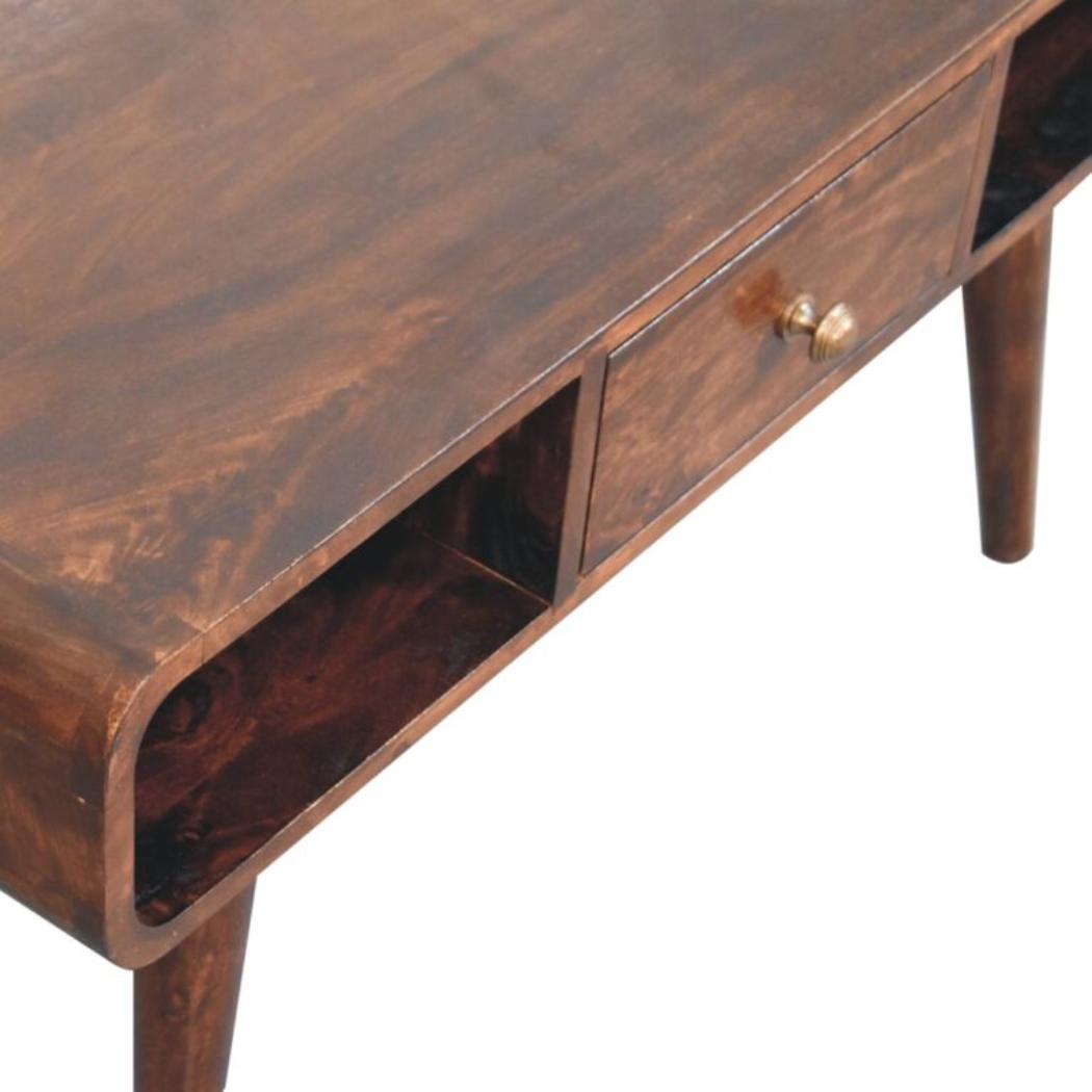Aurelia Curved Coffee Table | Solid Mango Wood | California Walnut Finish | 2 Drawer Storage