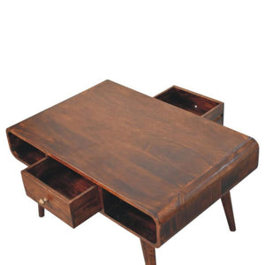Aurelia Curved Coffee Table | Solid Mango Wood | California Walnut Finish | 2 Drawer Storage