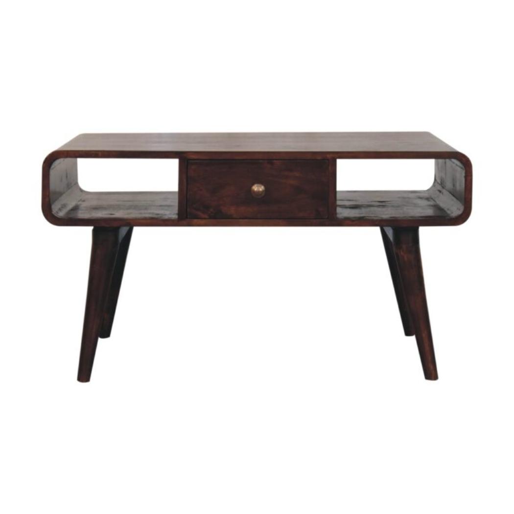 Aurelia Curved Coffee Table | Solid Mango Wood | California Walnut Finish | 2 Drawer Storage
