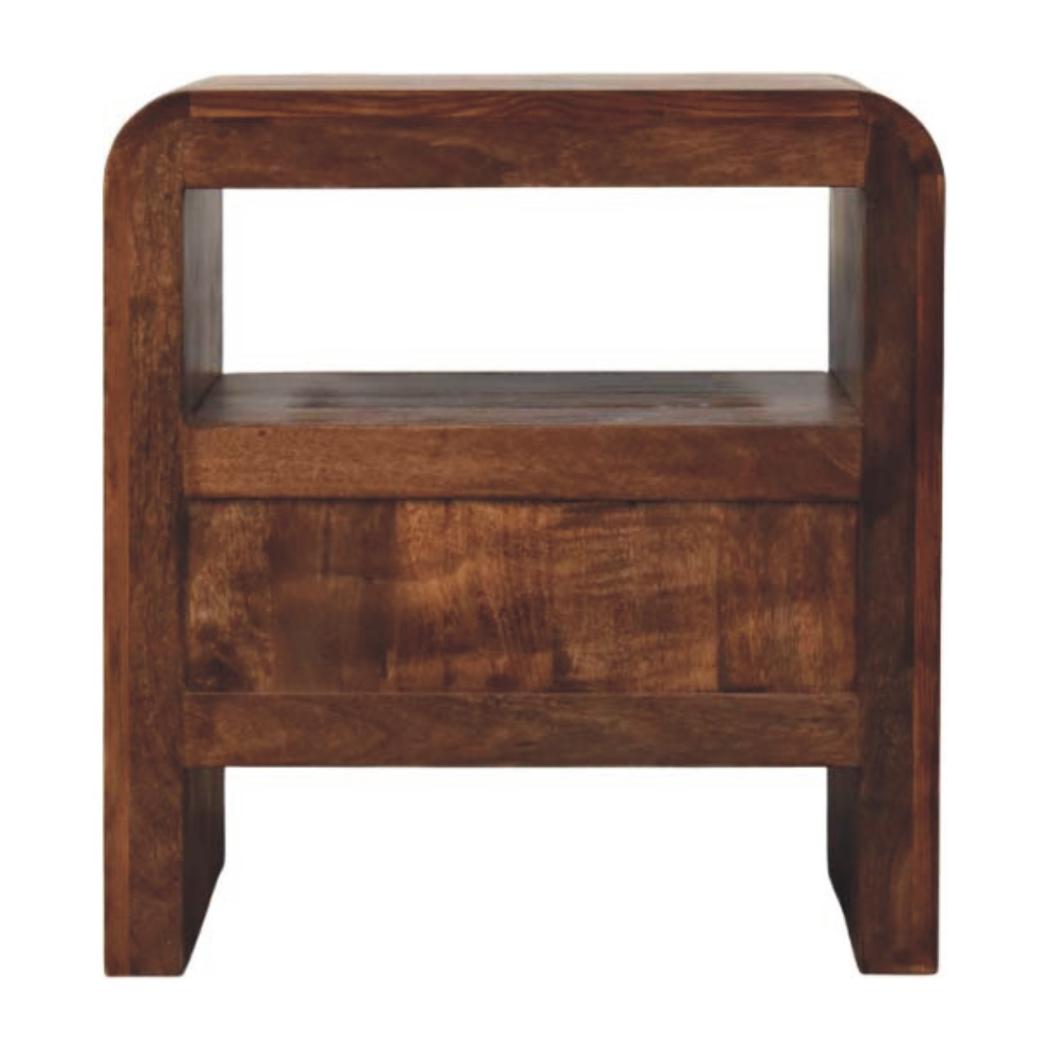 Aurelio Block Bedside Table | Solid Mango Wood | Tiger Oak Finish | 1 Drawer Nightstand with Open Shelf