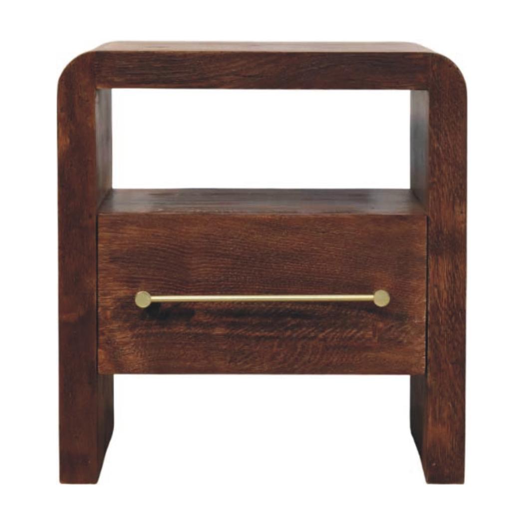 Aurelio Block Bedside Table | Solid Mango Wood | Tiger Oak Finish | 1 Drawer Nightstand with Open Shelf