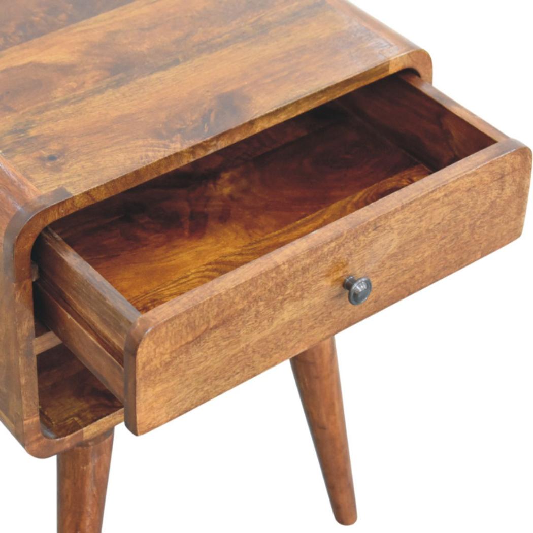 Avora Bedside Table | Solid Mango Wood | Chestnut Finish | Drawer & Open Slot