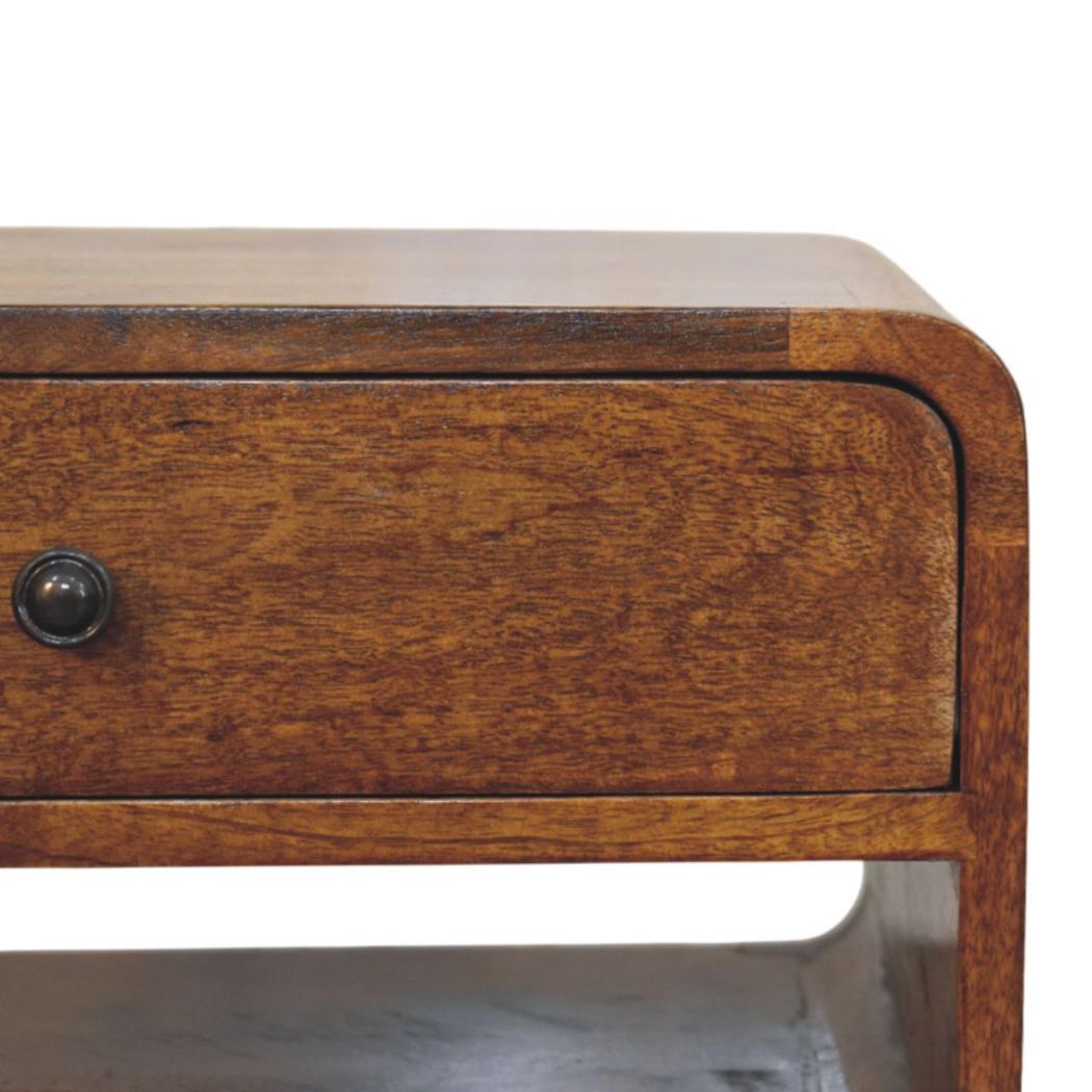 Avora Bedside Table | Solid Mango Wood | Chestnut Finish | Drawer & Open Slot