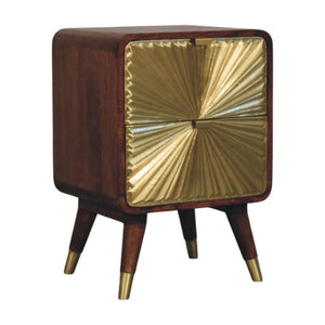 Avora Brass-Embossed Bedside Table | Solid Mango Wood | Chestnut Finish | 2 Drawers