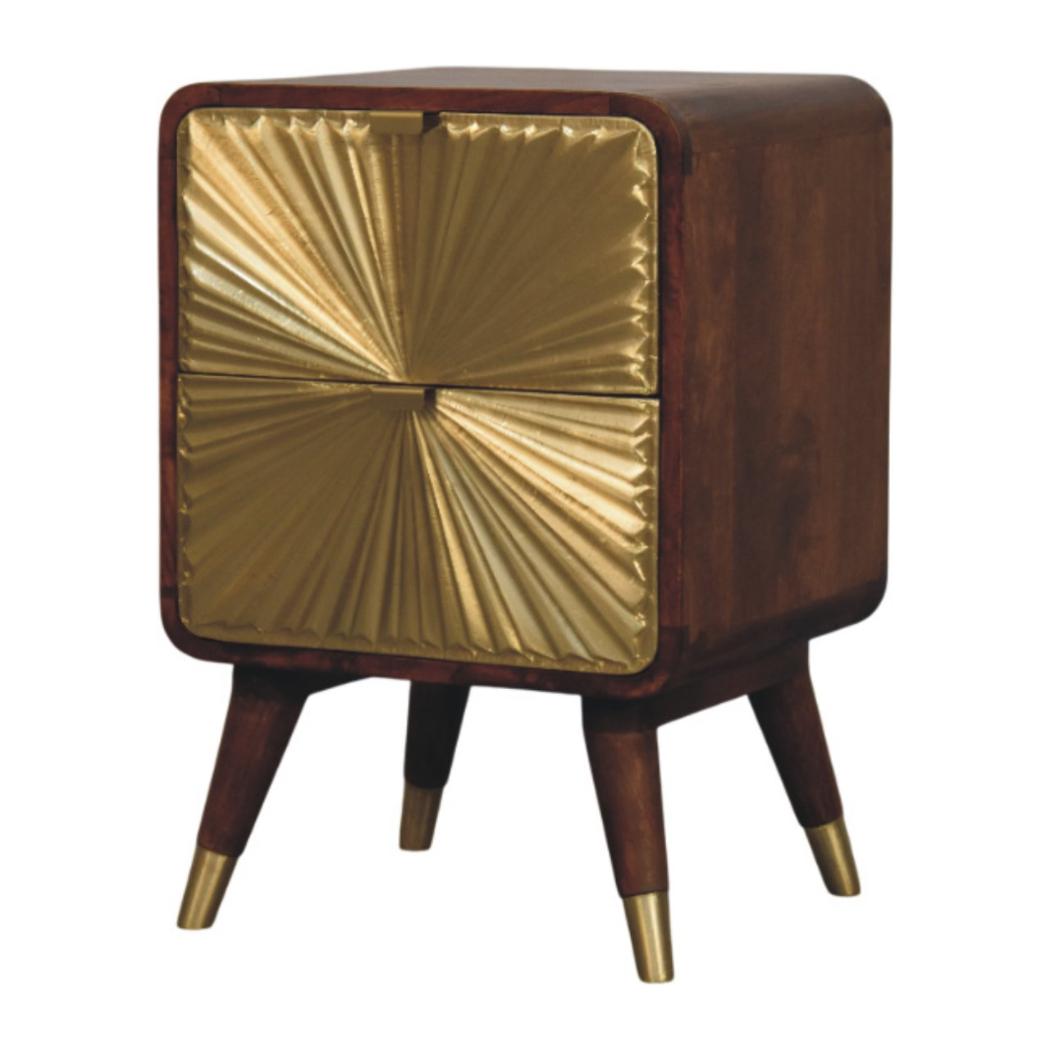 Avora Brass-Embossed Bedside Table | Solid Mango Wood | Chestnut Finish | 2 Drawers