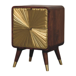 Avora Brass-Embossed Bedside Table | Solid Mango Wood | Chestnut Finish | 2 Drawers