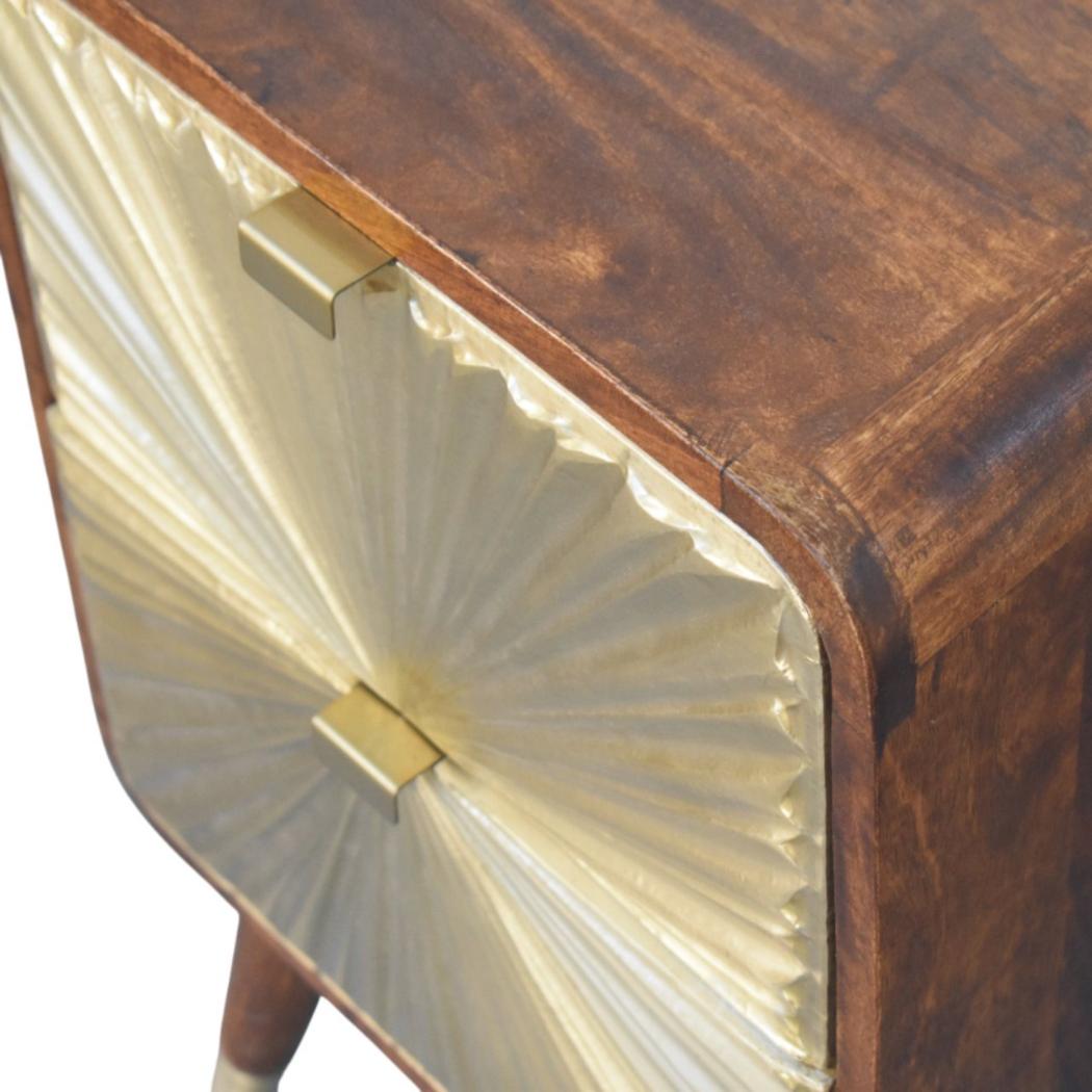 Avora Brass-Embossed Bedside Table | Solid Mango Wood | Chestnut Finish | 2 Drawers