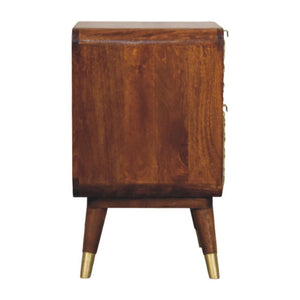 Avora Brass-Embossed Bedside Table | Solid Mango Wood | Chestnut Finish | 2 Drawers