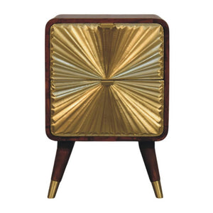 Avora Brass-Embossed Bedside Table | Solid Mango Wood | Chestnut Finish | 2 Drawers