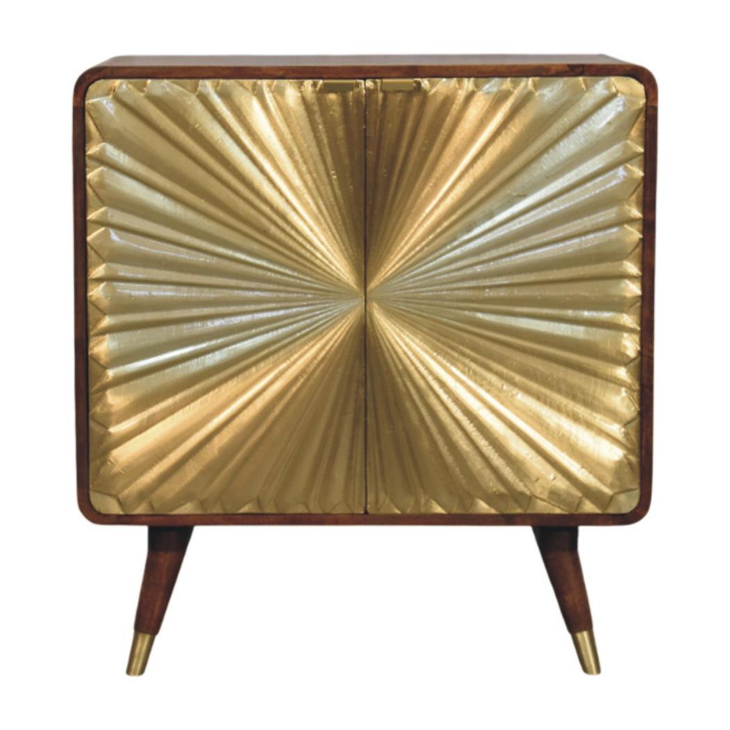 Avora Brass-Embossed Cabinet | Solid Mango Wood | Chestnut Finish | 2 Doors