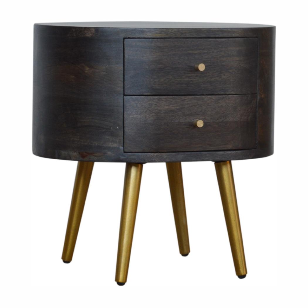Bedside Table with Brass Legs | Solid Mango Wood | Ash Black Finish | Drawer Storage