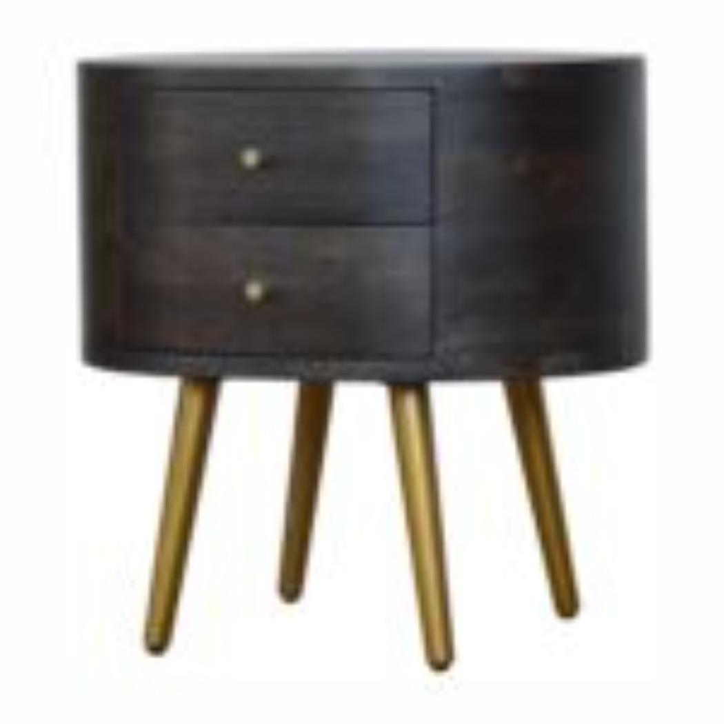 Bedside Table with Brass Legs | Solid Mango Wood | Ash Black Finish | Drawer Storage