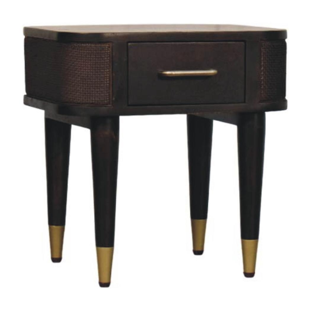 Belmont Bedside Table | Solid Mango Wood | Velvet Mocha Finish | 1 Drawer Nightstand with Rattan Panels