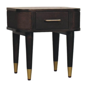 Belmont Bedside Table | Solid Mango Wood | Velvet Mocha Finish | 1 Drawer Nightstand with Rattan Panels