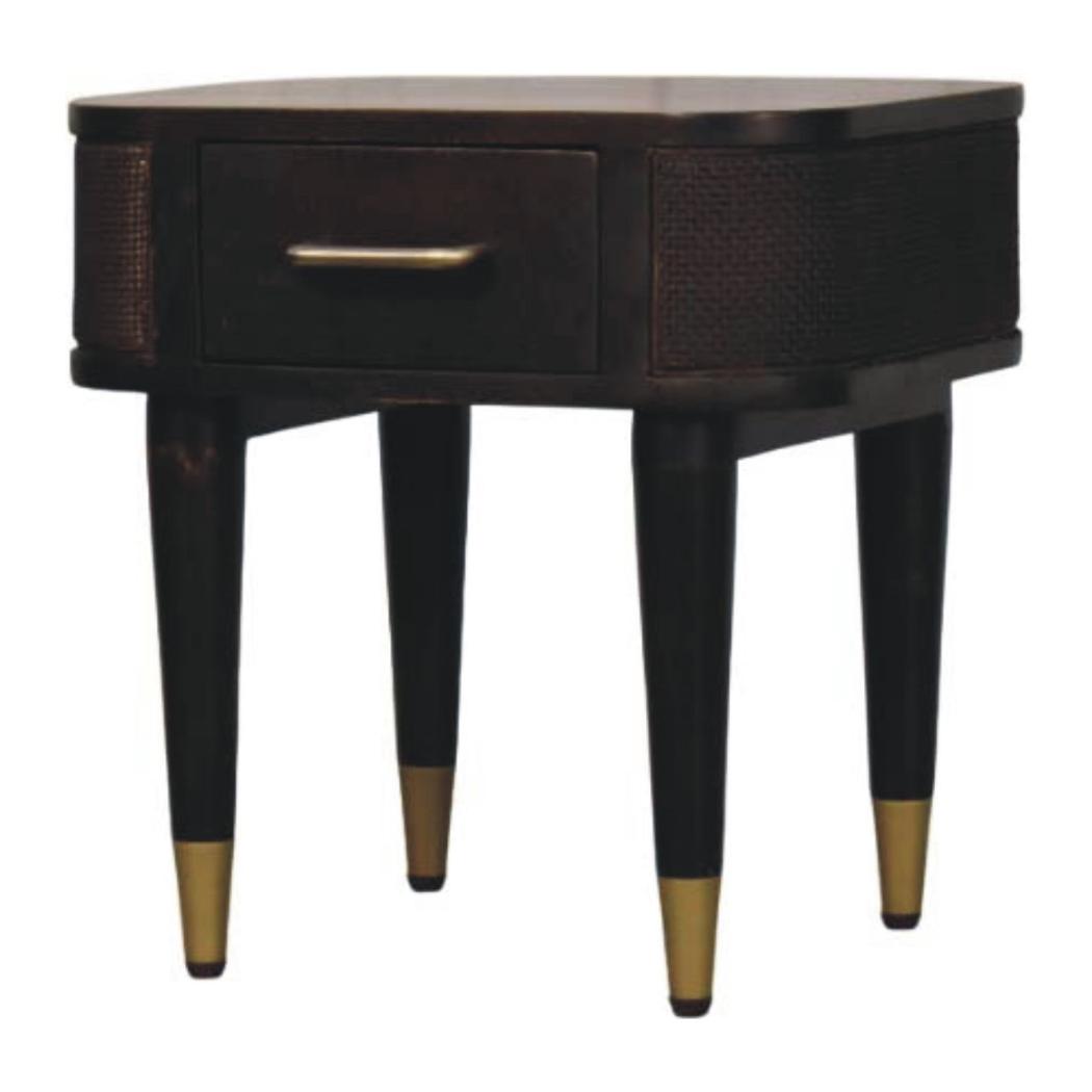 Belmont Bedside Table | Solid Mango Wood | Velvet Mocha Finish | 1 Drawer Nightstand with Rattan Panels