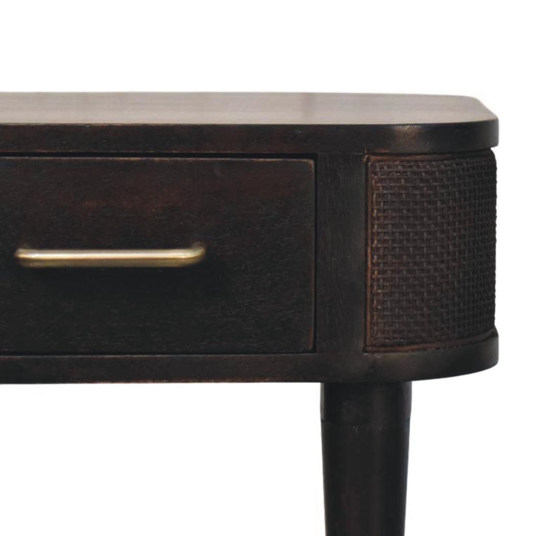 Belmont Bedside Table | Solid Mango Wood | Velvet Mocha Finish | 1 Drawer Nightstand with Rattan Panels