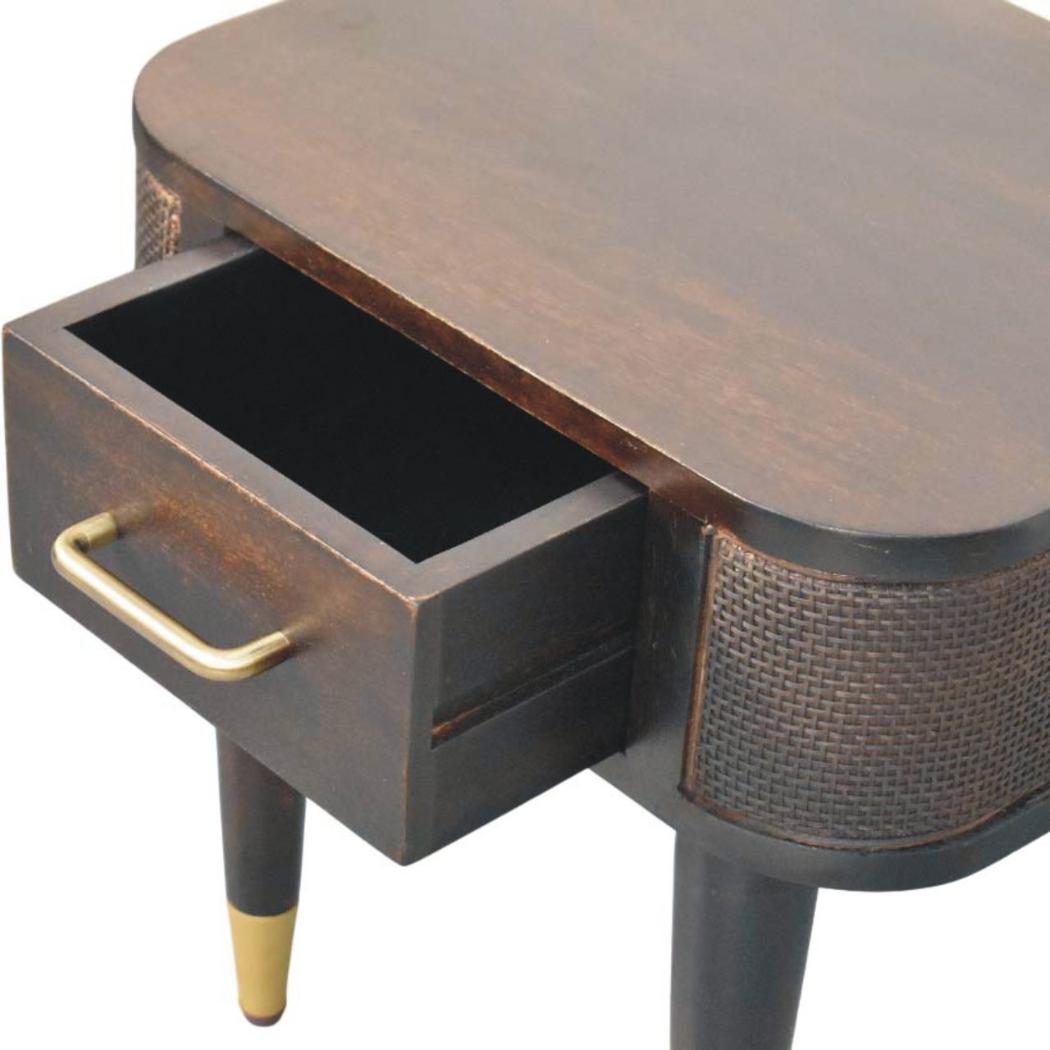 Belmont Bedside Table | Solid Mango Wood | Velvet Mocha Finish | 1 Drawer Nightstand with Rattan Panels