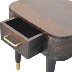 Belmont Bedside Table | Solid Mango Wood | Velvet Mocha Finish | 1 Drawer Nightstand with Rattan Panels