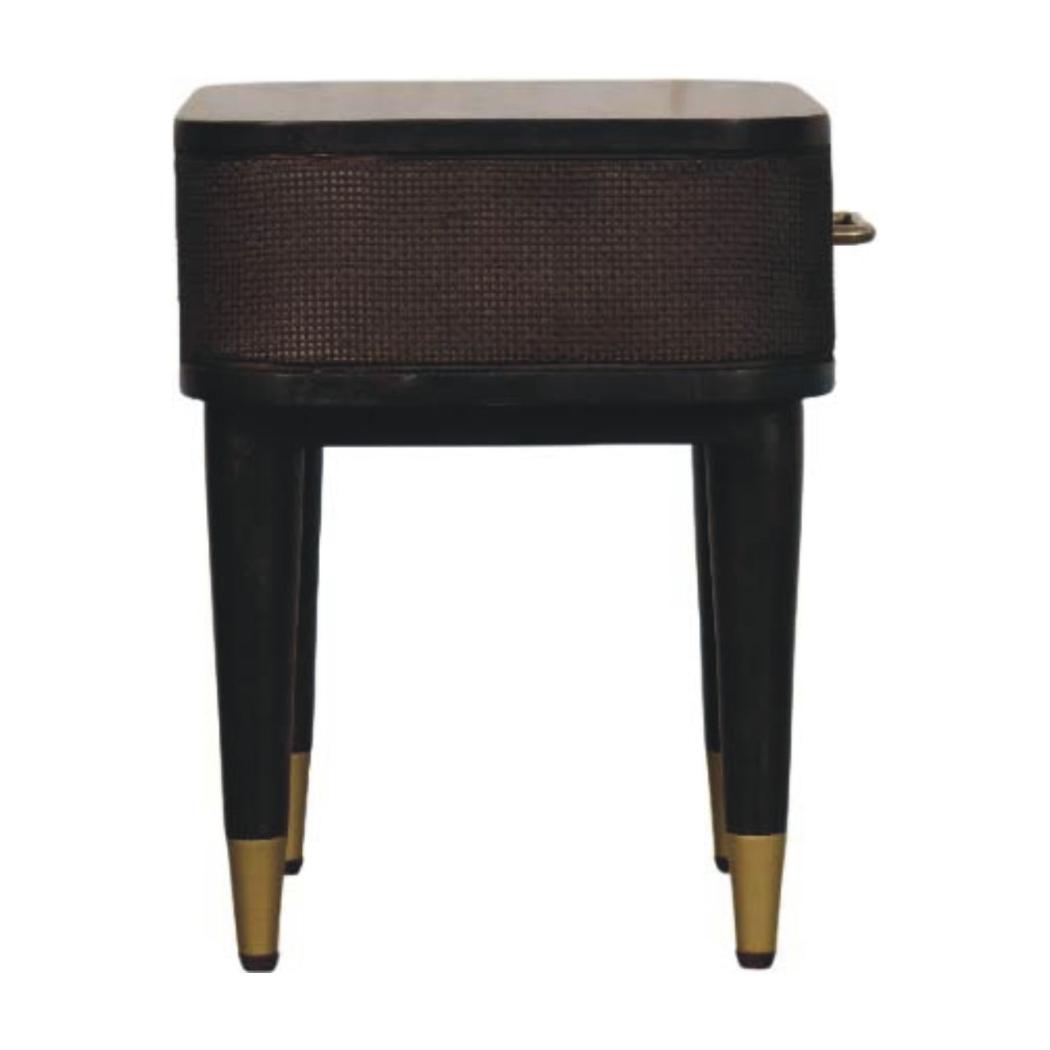 Belmont Bedside Table | Solid Mango Wood | Velvet Mocha Finish | 1 Drawer Nightstand with Rattan Panels