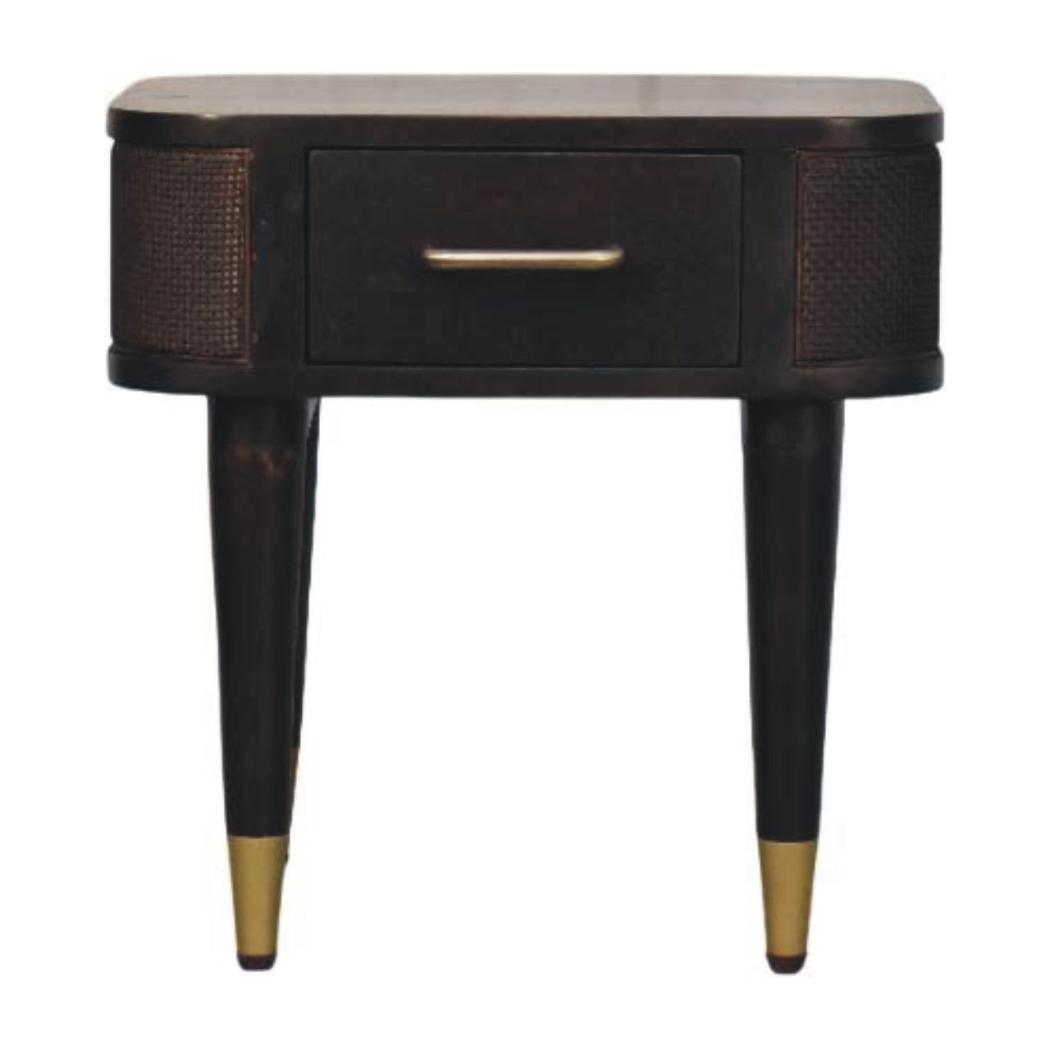 Belmont Bedside Table | Solid Mango Wood | Velvet Mocha Finish | 1 Drawer Nightstand with Rattan Panels