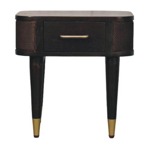 Belmont Bedside Table | Solid Mango Wood | Velvet Mocha Finish | 1 Drawer Nightstand with Rattan Panels