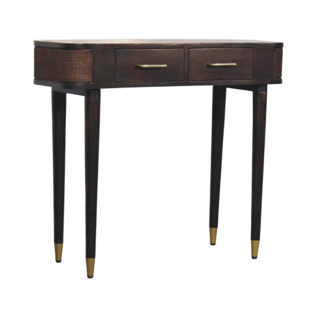 Belmont Console Table | Solid Mango Wood | Velvet Mocha Finish | 2 Drawer Hallway Console with Rattan Panels