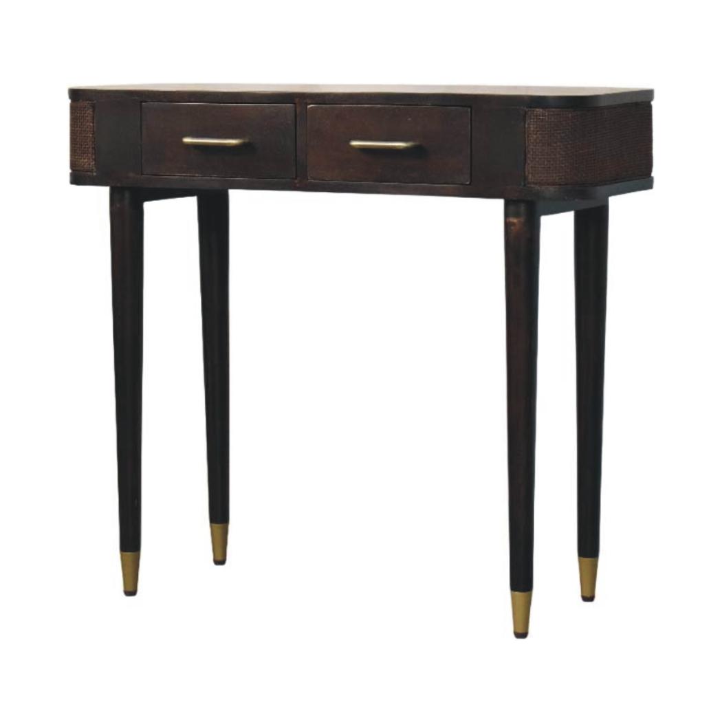 Belmont Console Table | Solid Mango Wood | Velvet Mocha Finish | 2 Drawer Hallway Console with Rattan Panels